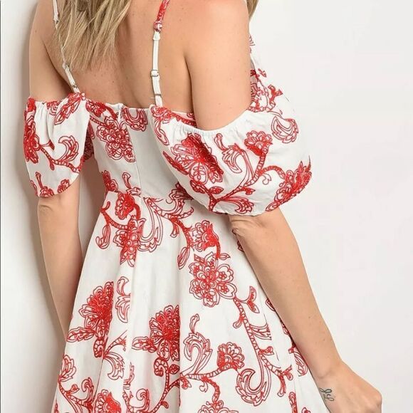 Floral Embroidered Cold Shoulder Fit Flare Dress - Picture 2 of 8